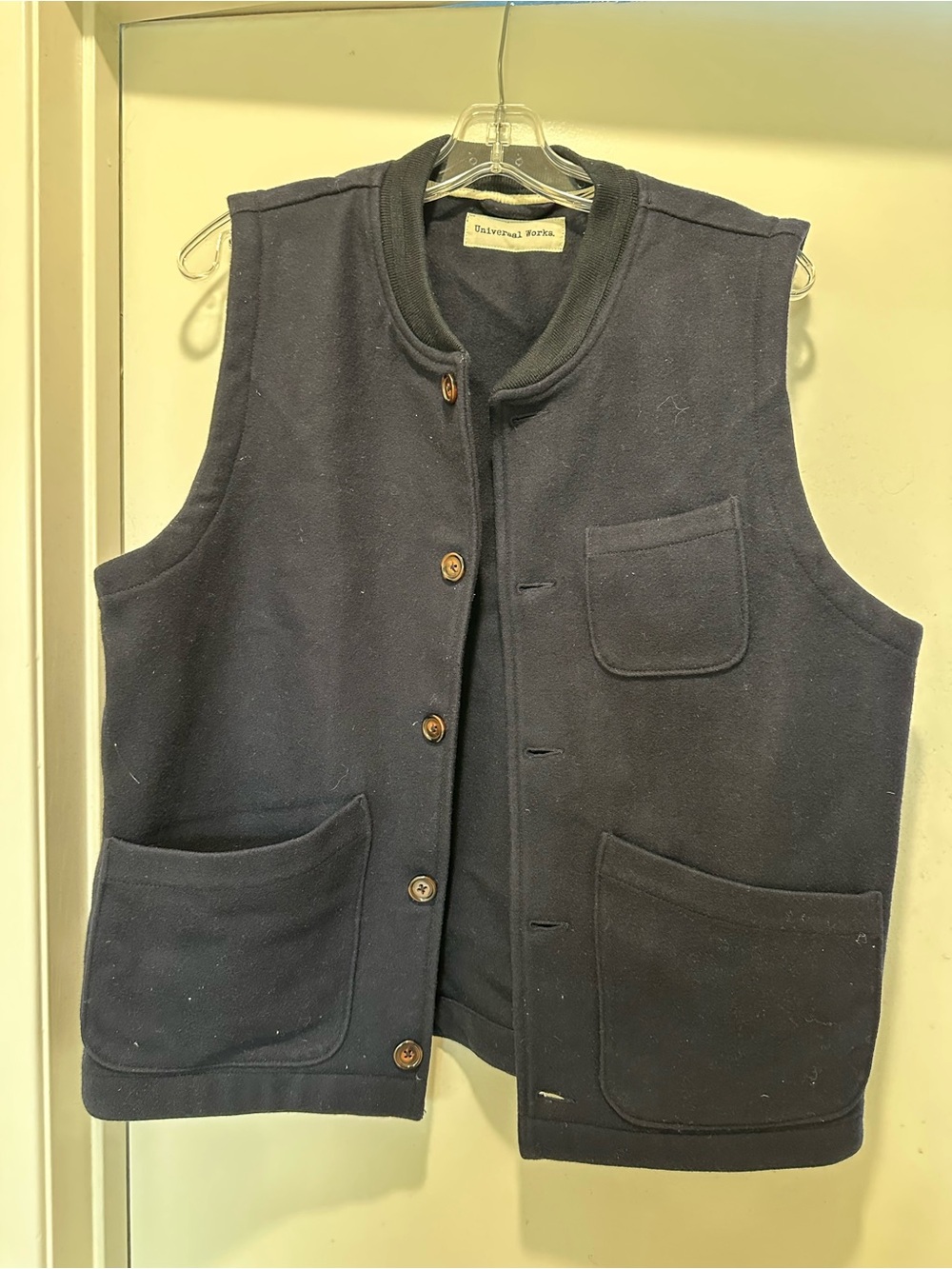 Universal Works Men's Navy Button Vest Wool Blend Size Large
